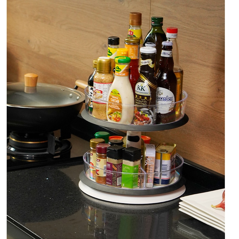 Retractable Storage Tray Double Layer Kitchen Storage Container Kitchen Accessory Plastic Rotating Tray Space-saving Spice Rack
