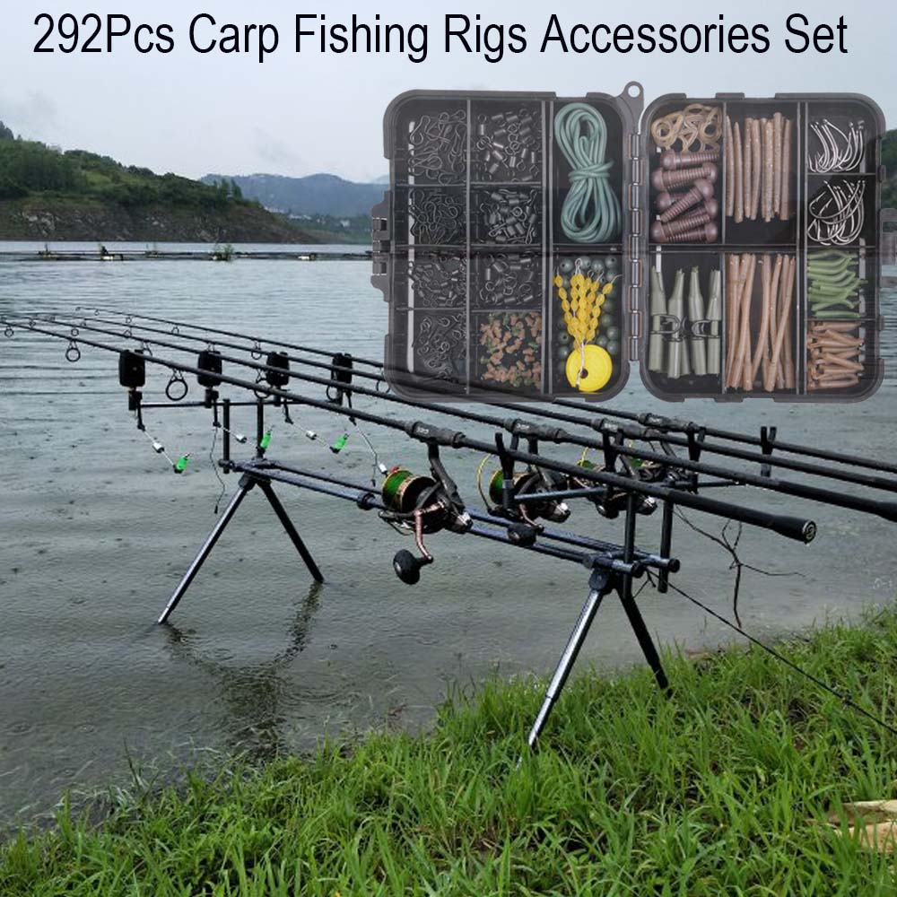 Equipo de pesca de carpa, aparejos de pesca, accesorios con manga antienredos, clips de plomo, conector giratorio mate, 292 Uds.