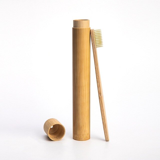 1pc regnbuetandbørster  +1pc bambusrør miljøvenlig naturlig bambus tandbørste rejsetaske blød hovedtænder børste 2pc pakninger: Beige og tube