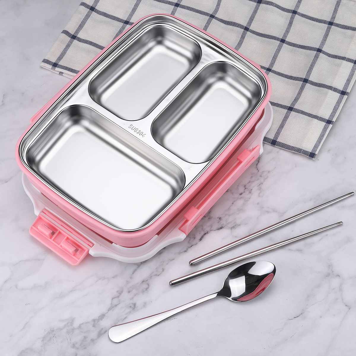 Japansk matlåda med fack 304 rostfri bento-låda för barn skolmatsbehållare läckagesäker matlåda värmearbete: Rosa 3 rutnät