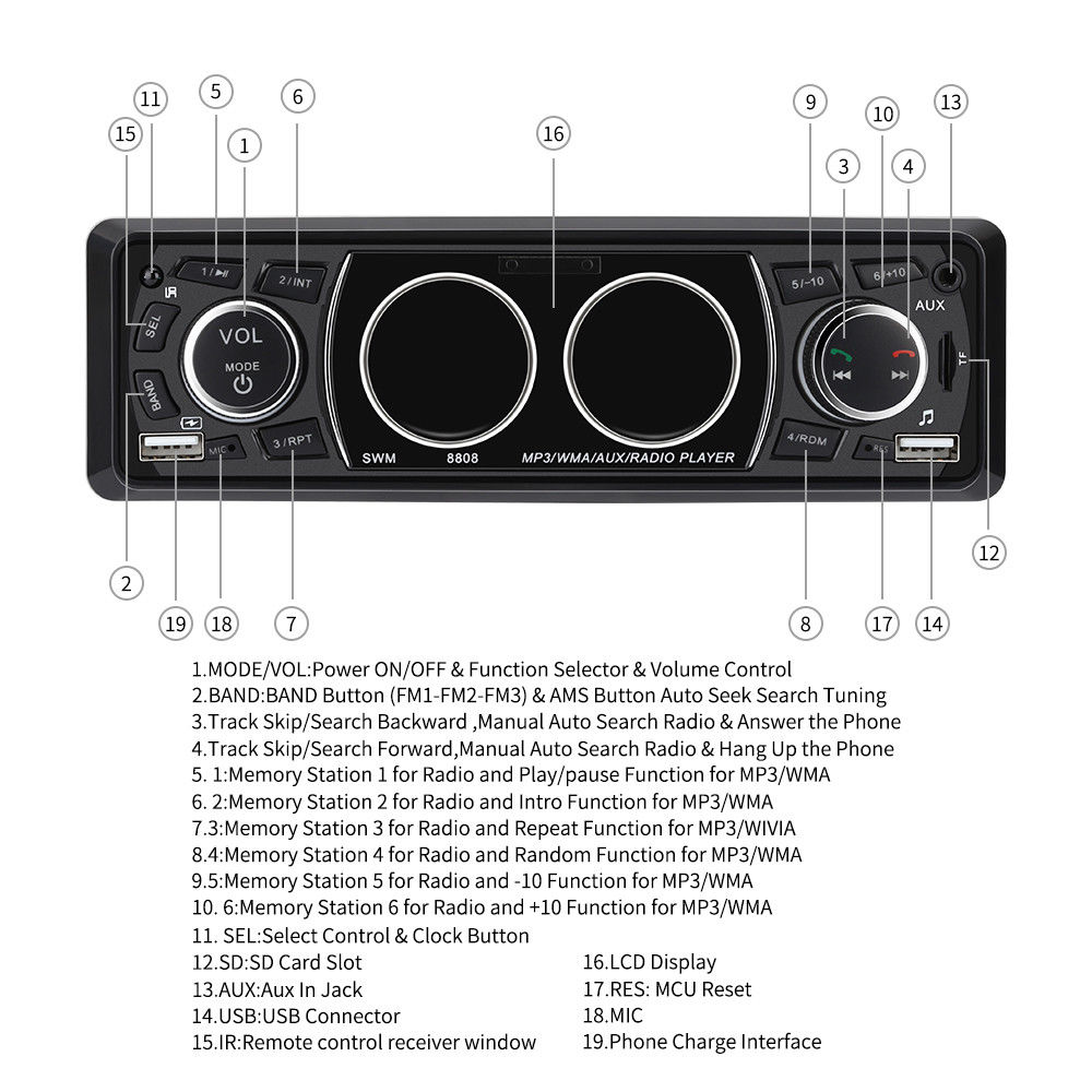 Autoradio  mp3 din stereo-multimedia-player mit bluetooth, fm, aux, fernbedienung, freisprecheinrichtung 1 usb und sd-kartenleser.
