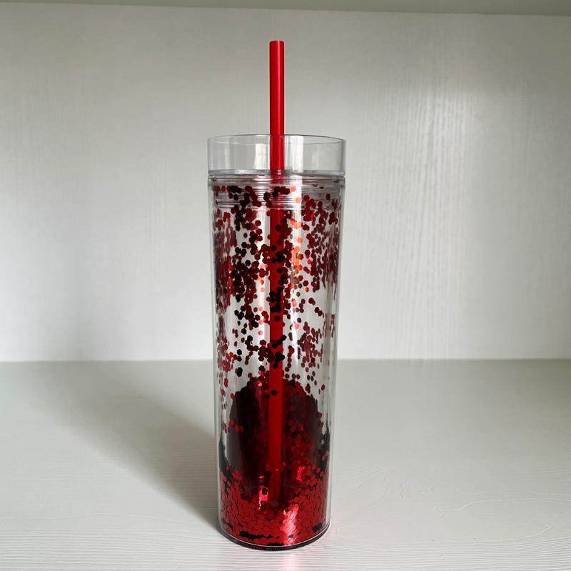 Double Layer Shiny Cup Transparent Plastic Cup 473ml/16oz Water Straw Cup Coffee Home Mug Cup Tumbler With Straw: red