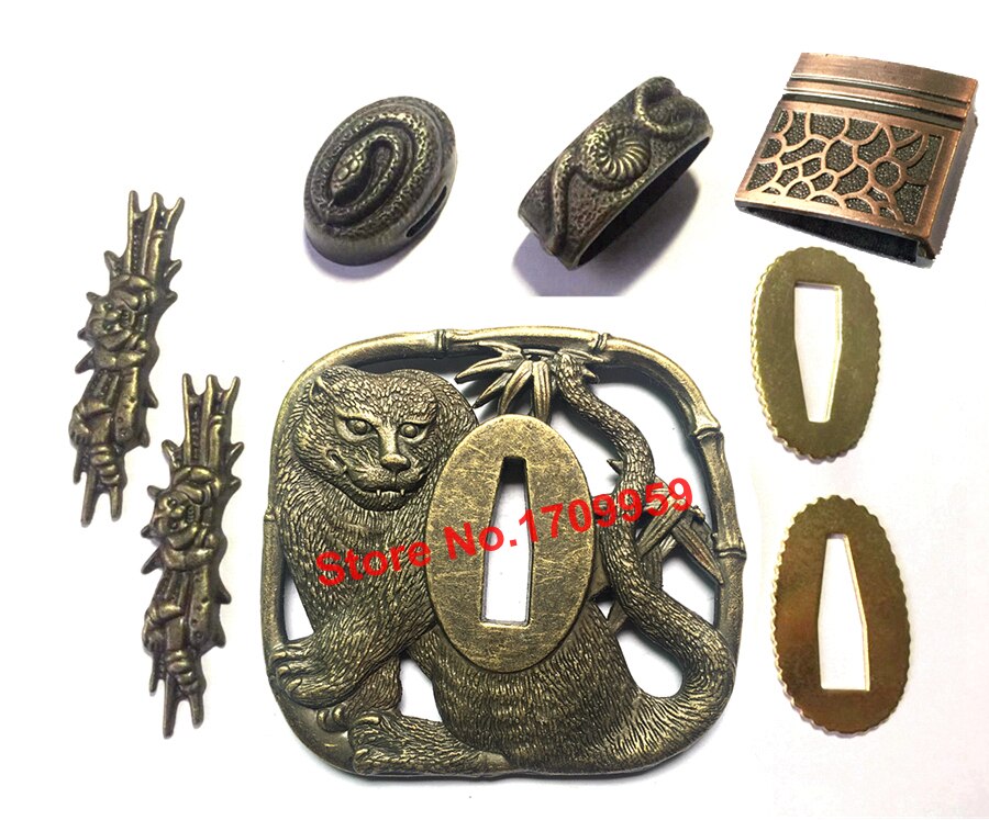 Nice Metal Crafts Tiger Theme Sword Guard for Katana/Wakizashi/Tanto Fittings Set Tsuba+Menuki+Fuchi+Kashira+Handle+Habaki+Seppa: Set Tsuba