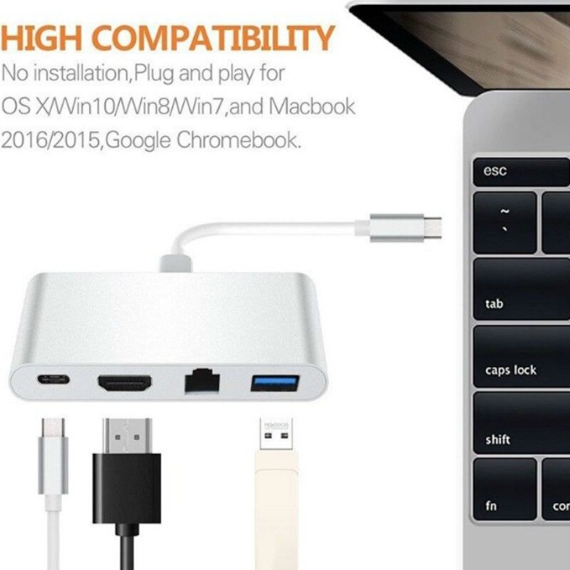 Basix USB C Ethernet USB-C vers HDMI 4 K + Gigabit Ethernet (Port RJ45) + USB 3.0 Type C adaptateur de moyeu séparateur de USB-C pour Macbook