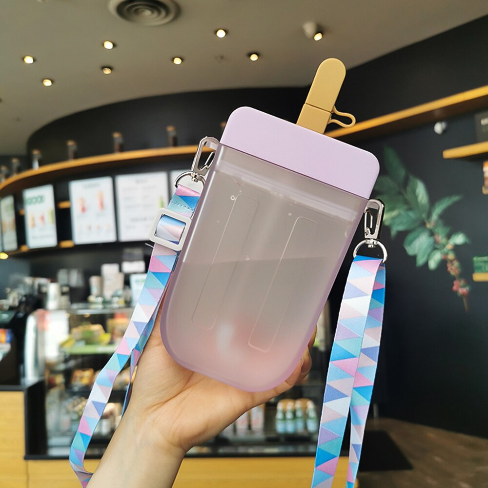 Cute Popsicle Ice Bar Water Bottle Transparent Juice Drinking Cup With Straw Strap Belt Popsicle Bottle With Straw Popsicle Wate: purple