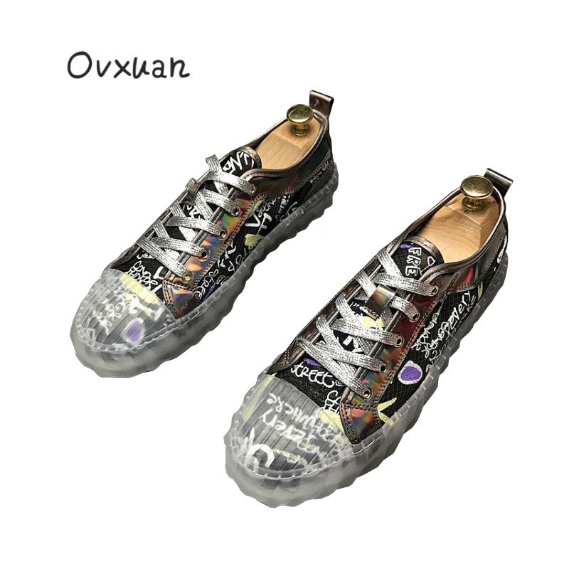 Menn svarte fritidssko graffiti gjennomsiktig såle herre fritidssko hip hop trenere rullebane zapatos prom loafers sko