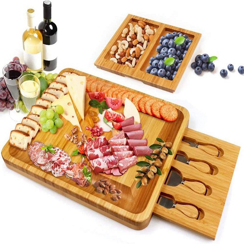 Natural Bamboo Cheese Board And Knife Set With Cheese Tools Cheese Plate Cheese Board Chopping Board With Four Knives