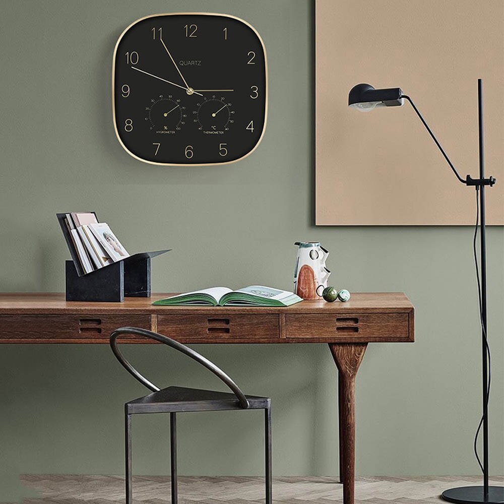 12 inch 31cm wall clock home metal case clock black european style wall clock with Thermometer hygrometer home decor