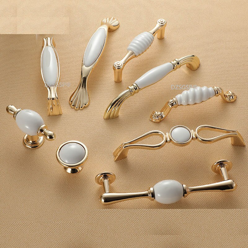 Closet Wardrobe Pull Zinc Alloy Ceramic European Gold Ivory White Diamond Cabinet Kitchen Knob Drawer Cupboard Handle