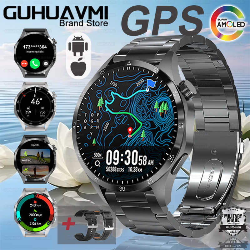 2025 tendências da moda novo gps relógio inteligente masculino freqüência cardíaca amoled nfc ip68 à prova dip68 água relógios esportivos bluetooth chamada twatch para huawei: ROXO