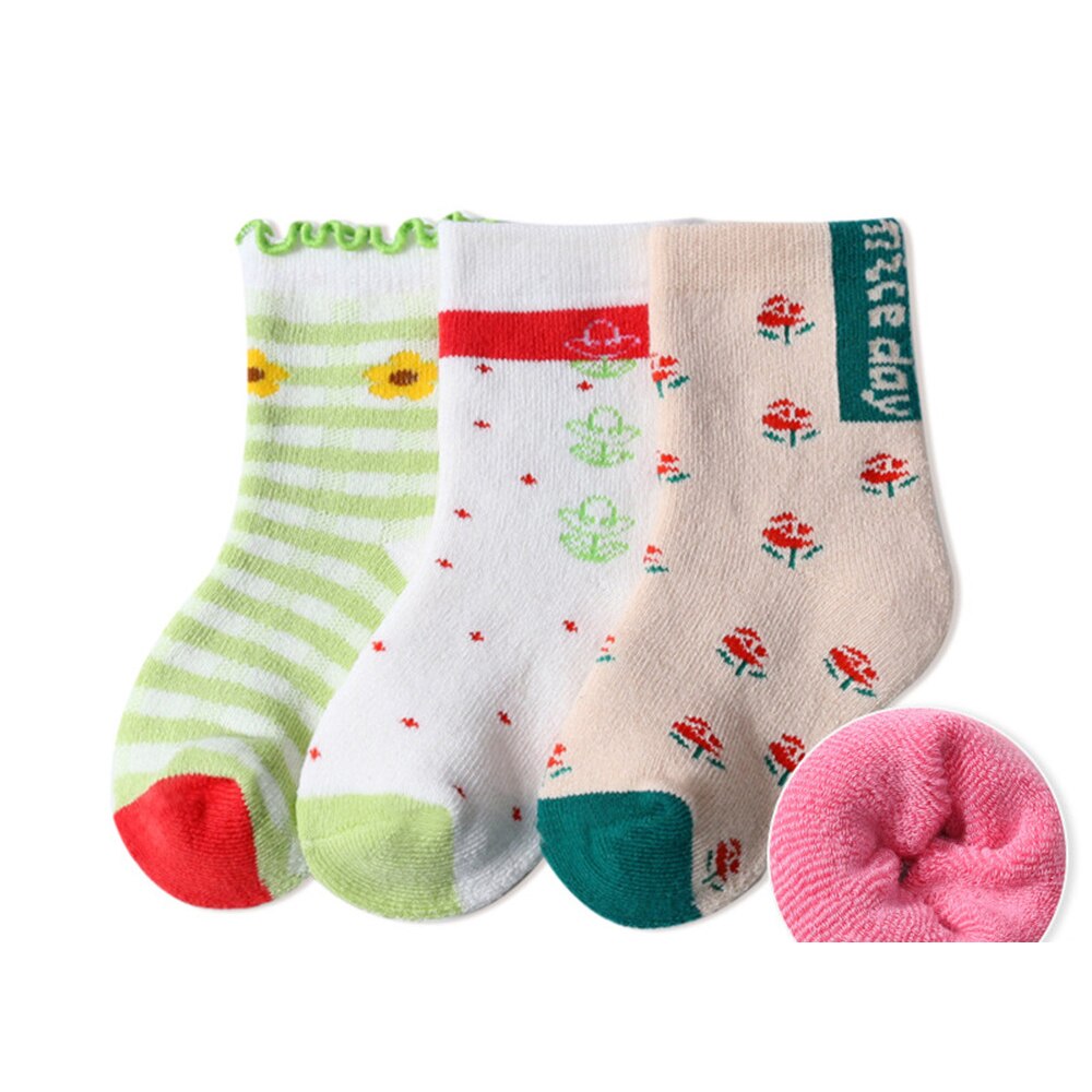 3 paia di calzini per neonati invernali addensati caldi per bambini ragazze ragazzi spugna Cartoon asciugamano per bambini calzino accessori per neonati: Green Sun Rose / M(1-3Y)