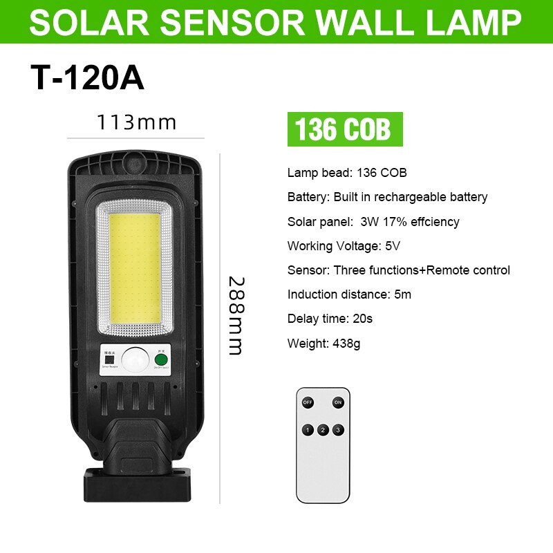 LED Solar Powered PIR Motion Sensor Wall Lamp Remote Control Illumination Light Infrared Sensor Light: 136 COB
