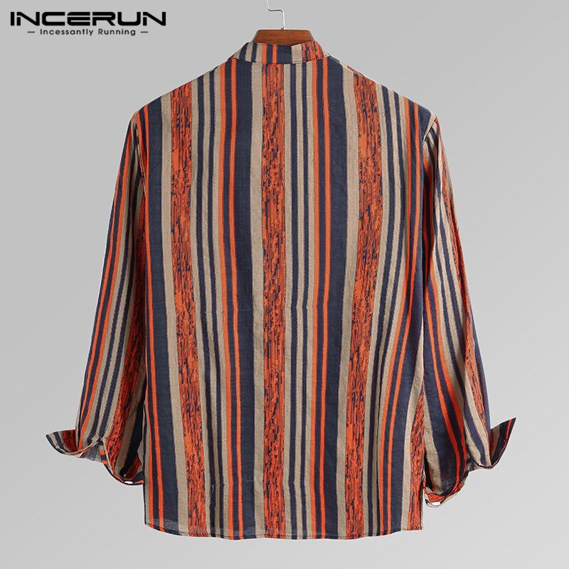 Incerun Vintage Gestreepte Mannen Shirts Lange Mouw Stand Kraag Blouse Man Katoen Chic Ademende Casual Shirts Lente Mens Camisa