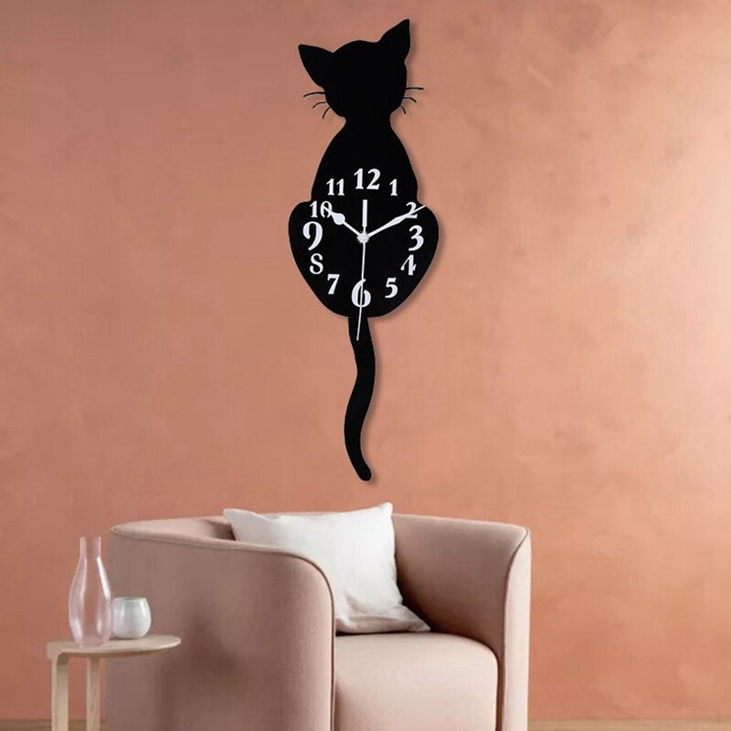 Modern 3D Digital Wall Clock Cat Swinging Tail Non Ticking Pendulum Quartz Clocks Pendulum for Bedroom Home Decor