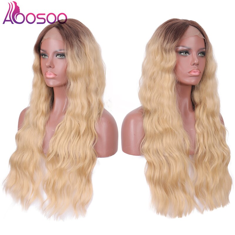 28 tommer deep wave blonde frontparykker til kvinder omber farve sort syntetisk hår limfri blonde parykker med naturlig hårlinje