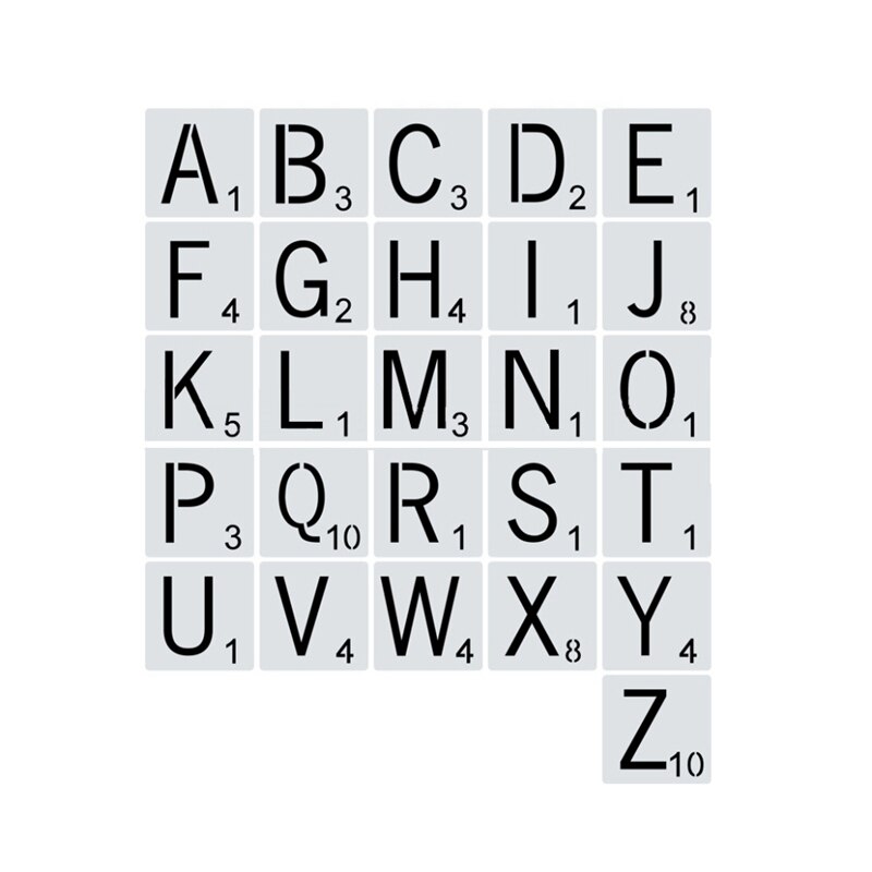 26 stk genanvendelige scrabble bogstaver alfabeter stencils tegner maleri skabeloner til diy håndværk hjem vægdekoration: 7.5 x 7.5cm