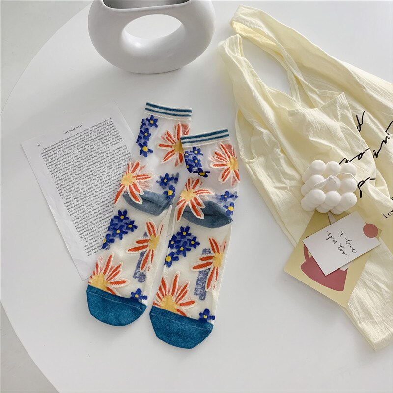 Summer Crystal Silk Socks Women Novelty Harajuku Floral Kawaii Cute Socks Ultra-thin Transparent Fishnet Mesh Lace Socks: 5