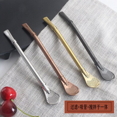Straw Spoons with Filter Stainless Steel Stirring Coffee Spoons Teaspoon Yerba Mate Small Mini Tea Spoon Tableware Golden Black: 4pcs