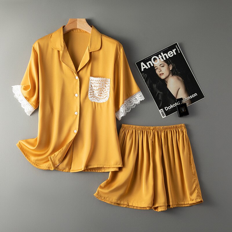 Pyjama d'été en dentelle et soie glacée pour femmes, ensemble à manches courtes,
