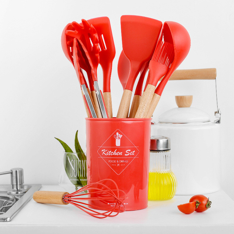 Ensemble d'ustensiles de cuisine en Silicone, antiadhésif, spatule avec manche en bois, avec boîte de rangement, 9/11 pièces