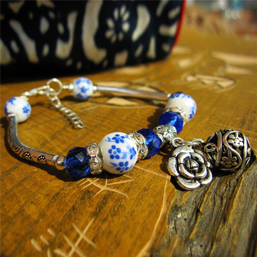 National Style Beaded Bracelets Handmade Blue And White Porcelain Ceramic Bracelet Jewelry