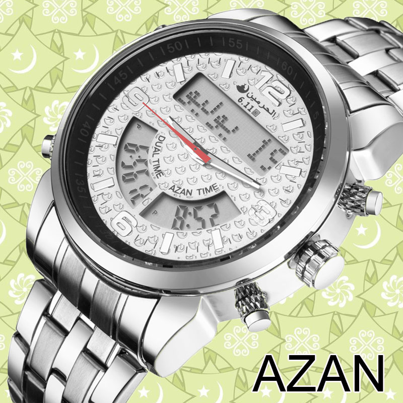 6,11 Herren Neue Hochwertige Edelstahl Zurück Licht LED Digital Uhr Dual Zeit Azan Uhr Männer 3 Farben Freies