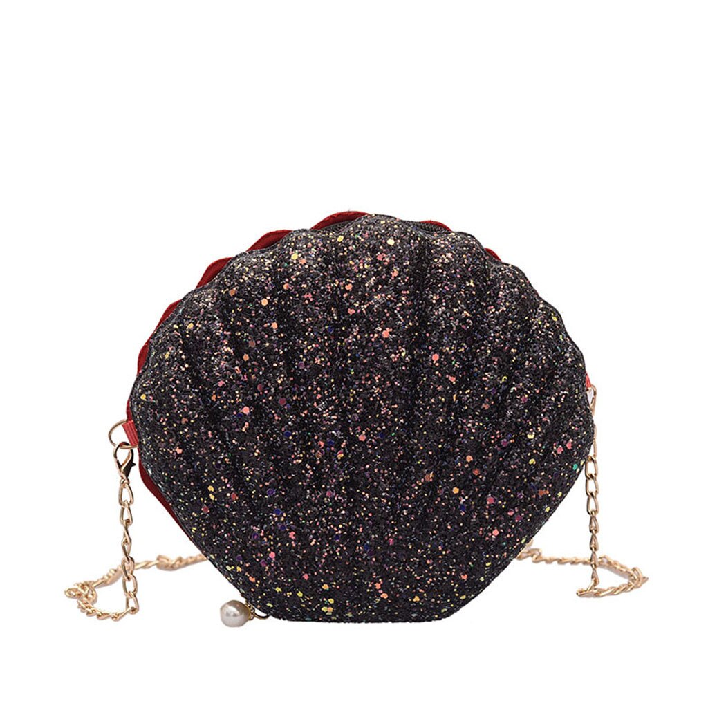 Aelicy senhoras bolsa de luxo brilhante concha forma corrente sacos de ombro feminino casual menina bolsa feminina carteras mujer de hombro y bolso: Black