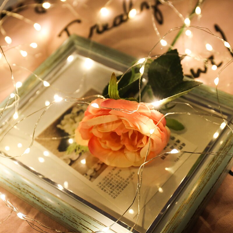 Guirnalda de luces LED de cadena de alambre plateado, 1 piezas, 1M, 2M, 3M, 5M, para Navidad, hogar, boda, decoración de vacaciones al aire libre