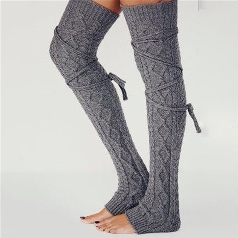Winter Women Long Leg Warmers Knitted Knee High Stocking Solid Thermal Beenwarmers Ladies Leg Warmers: Light gray