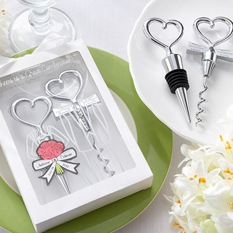 Liefde Hart Kurkentrekker Wijn Flesopener + Wijn Stopper Wedding Gunsten voor gasten Flesopener Set Bruiloft Decoratie