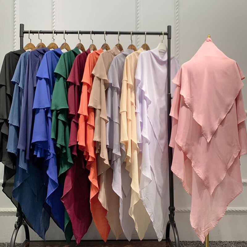 Foulard khimar trois couches à volants pour femmes, hijab, musulmane, dubaï, Turban turc, châles malaisiens, marocain