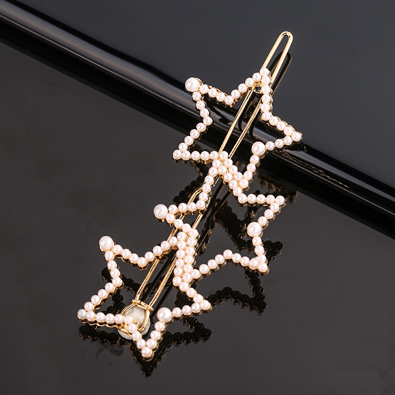 Horquilla de aleación geométrica de pentagrama de perlas de arco de para niña, Clip para el cabello minimalista, accesorios para el cabello con forma de corazón de diamante: Azul cielo