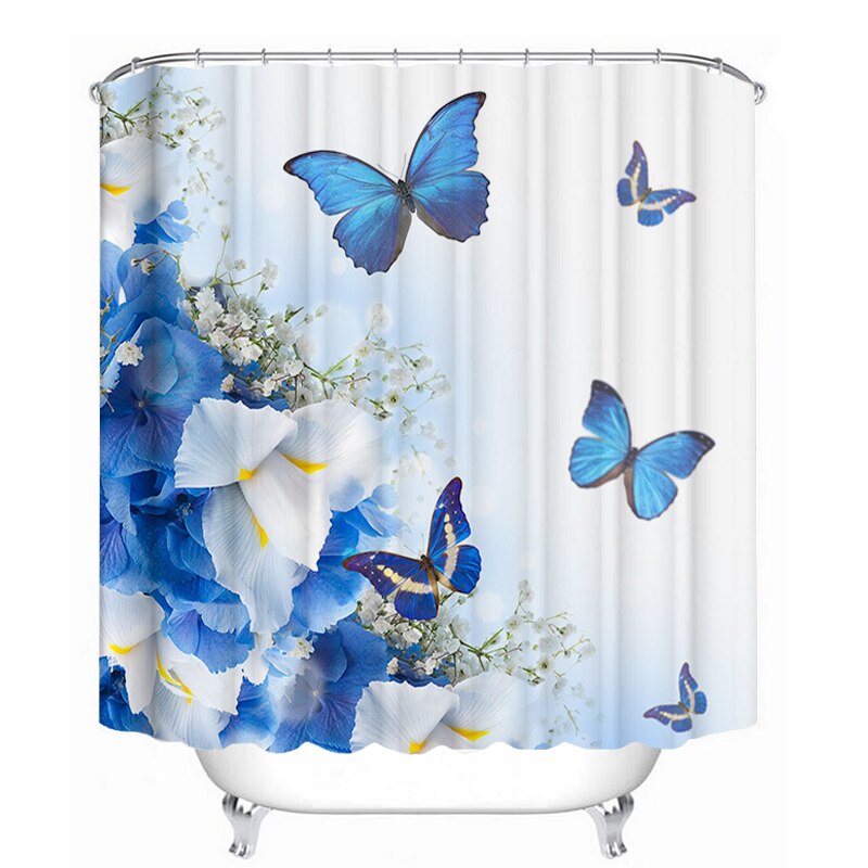 Bellissimo motivo floreale tenda da doccia tessuto impermeabile farfalla blu tende da bagno Set piedistallo coperchio copriwater tappetino: Shower Curtain