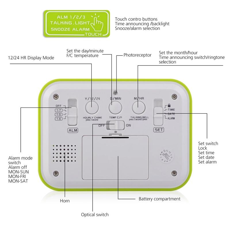 Digitale wekker sprekende klok 3 alarmen lichtgevende optioneel weekdagalarm nachtlichtende en snooze-functie maand datum en temperatuur