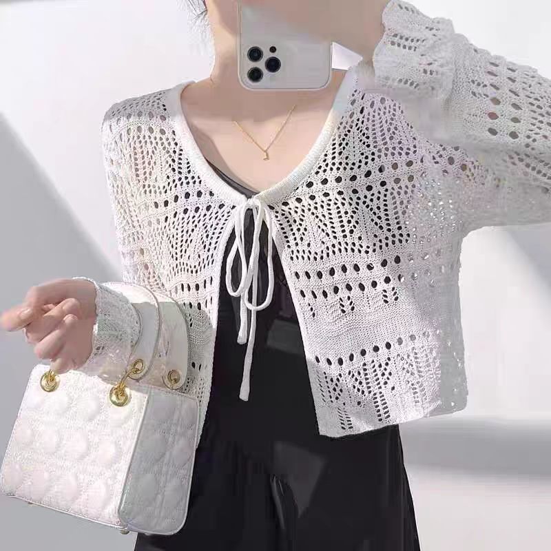 Sommer dünne Strickjacke aushöhlen Haken Langarm Sonnenschutz Schal Langarm kurze Spitzen: XL / Weiß