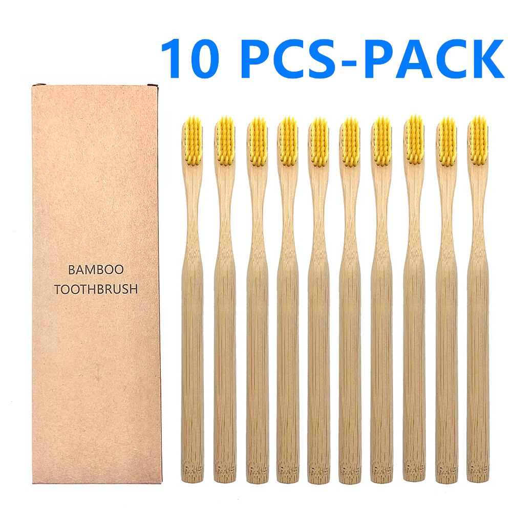 10Pcs Natural Toothbrush Eco-Friendly Rainbow Bamboo Medium Bristle Biodegradable Teeth Brush Solid Bamboo Handle Toothbrush: 10 PCS Yellow Color