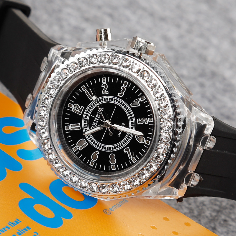 Luminous Quartz Watch for Women Personality Rhinestone Led Geneva Male and Female Students Couple Jelly Wrist Watches: black