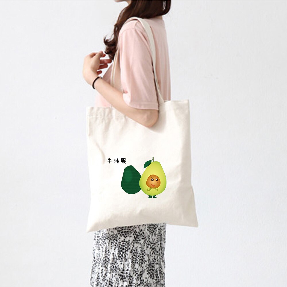 Cute Couple Avocado Print Large Capacity Canvas Tote Bag Cotton Cloth Reusable Shopping Bag Women Beach Handbags Shopping Bags: A203WHITE