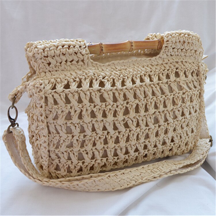 Fashion Bamboo Handle Straw Bags Designer Women Handbags Luxury Wicker Woven Shoulder Bags Summer Beach Rattan Purses Large Tote: Beige