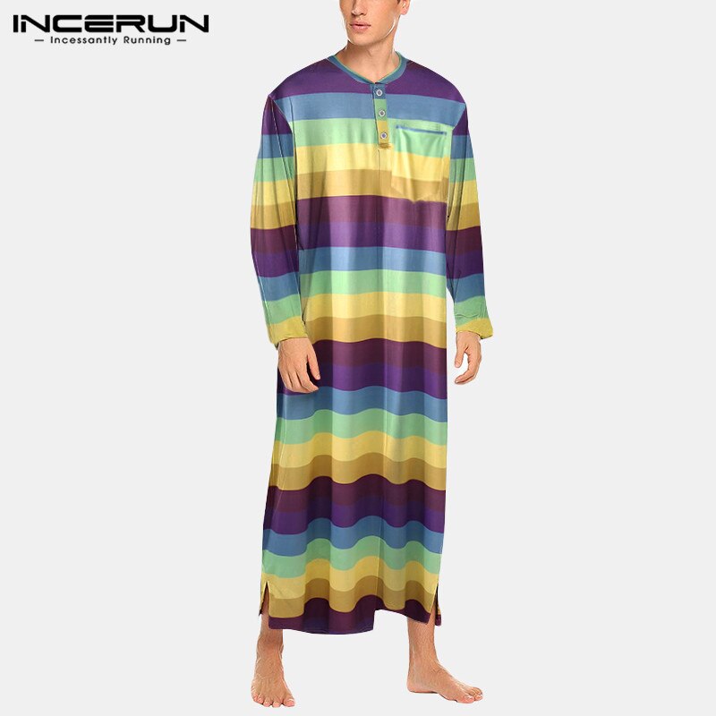 Men Striped Robes Colorful Round Neck Long Sleeve Soft Bathrobes Cozy Nightgown Loose Leisure Mens Dressing Gowns S-5XL INCERUN