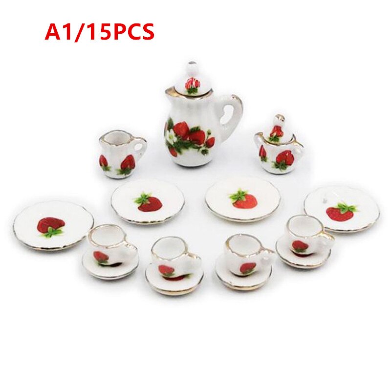 15Pcs 1:12 Miniature Porcelain Tea Cup Set Chintz Flower Tableware Kitchen Dollhouse Furniture Toys For Children: A1