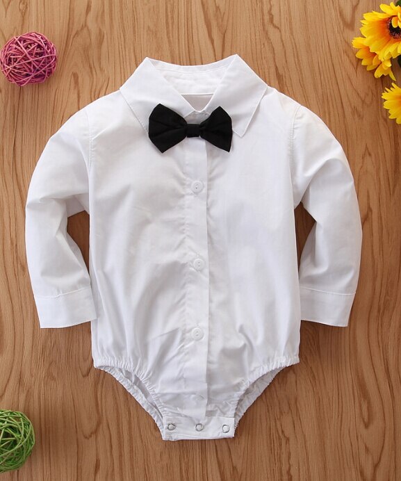 Pasgeboren Baby Jongens Outfits Jumpsuit Zomer Kleding Gentleman Strik Tie Bodysuit Lange Mouwen Kleding: Long sleeve white / 24M