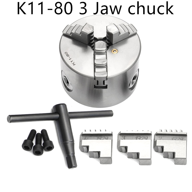 3 Jaw 80mm Self-Centering Lathe Chuck K11 80 with Wrench and Screws Hardened Steel for Drilling Milling Machine Mini lathe DIY