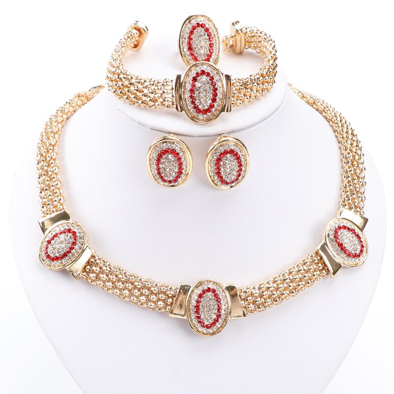 African Costume Jewelry Sets Women Gold Color Beads Rhinestone Oval Shape Necklace Set Dubai Nigerian Wedding Accessories