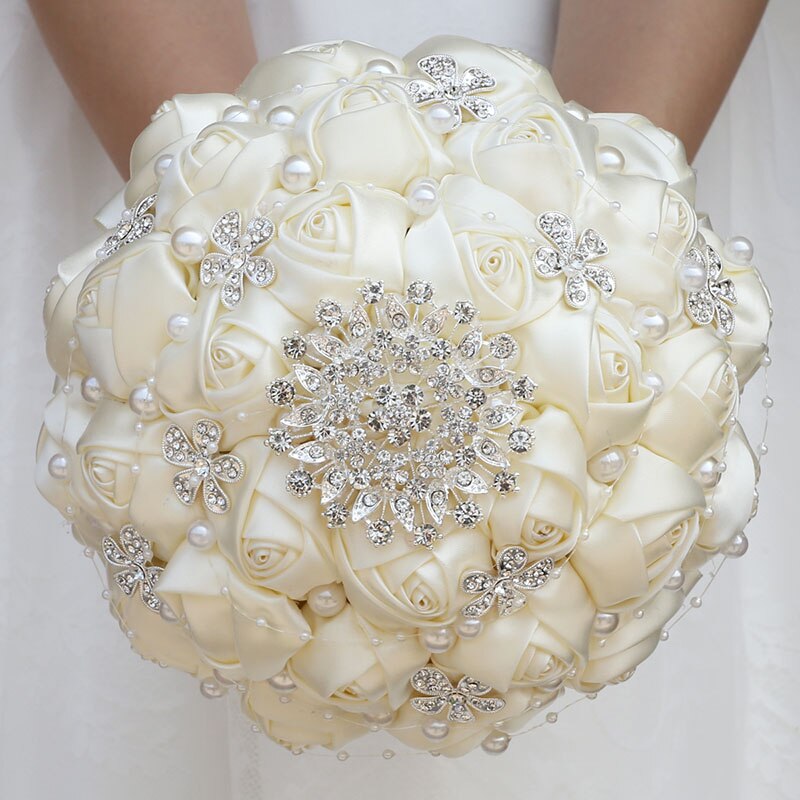 Handmade Ribbon Wedding Rose Flowers Rhinestone Bridal Bouquets Pearl Bridal Holding Bouquet Fleur Artificielle Mariage W224D: 18cm ivory