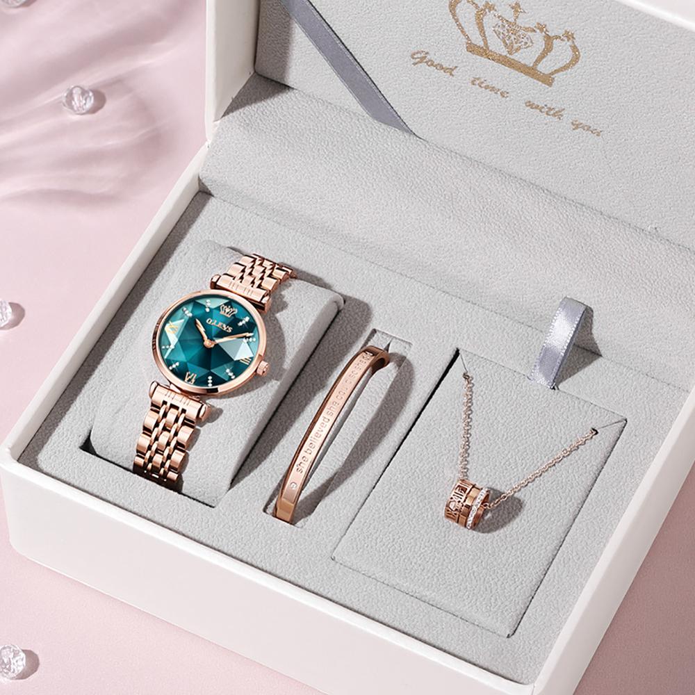 Luxe Vrouwen Horloge Rose Goud Rvs Waterdicht Dameshorloge Rode Jurk Vrouw Polshorloge Cadeau Voor Vrouw Montre Femme: Gift Set Green