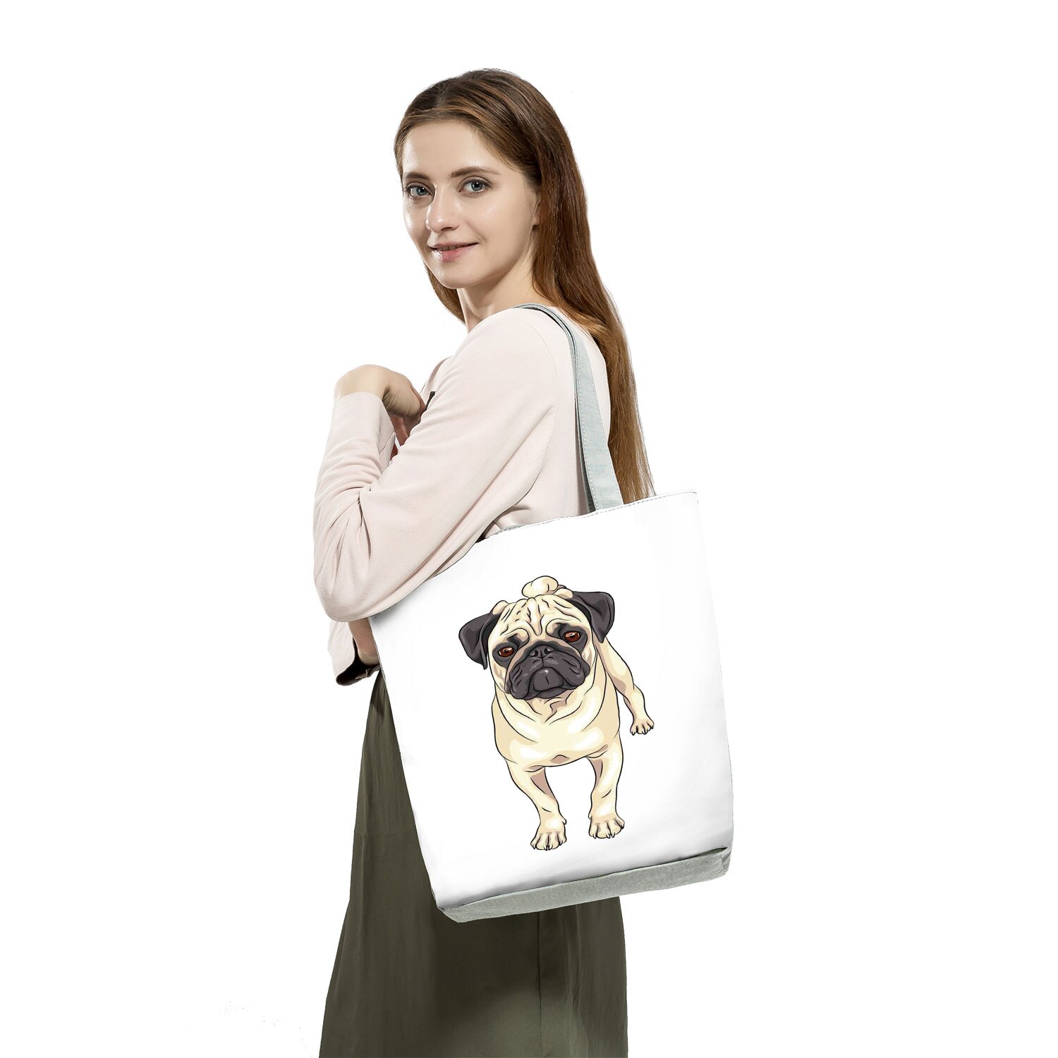 Mops z nadrukiem z psem torby na zakupy wielokrotnego użytku Animal Graphic praktyczne ekologiczne składane torebki przenośne pojemniki do przechowywania na zewnątrz dla kobiet