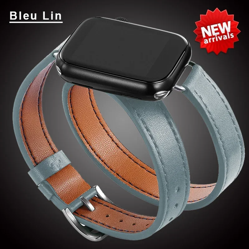Läderarmband för apple watch-band ultra 2 49mm 40mm 41mm double tour 45mm 42mm 44mm för iwatch-serien 9 8 7 6 se 5 4 3 26 38mm: Svartgrå / 12mm