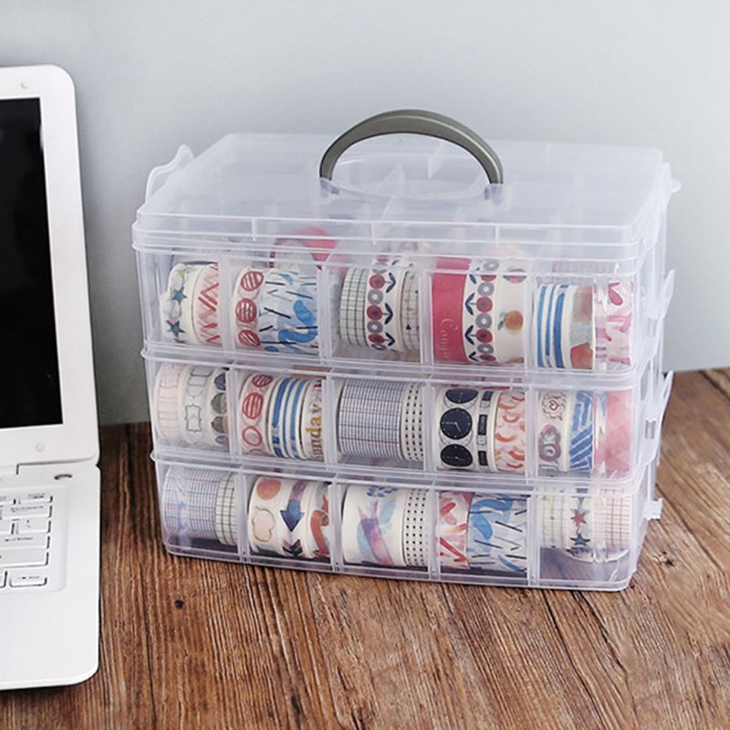 3-Layer Transparent Storage Box Clear Stationery Organizer Cosmetics Tape Art Supplies Case Holder with Detatchable Compartments