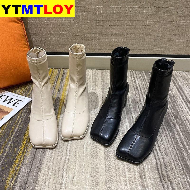 Buty damskie buty wysokie obcasy modne botki blokowe obcasy lakierowane skórzane buty damskie Zip kwadratowe buty z palcami kwadratowy obcas